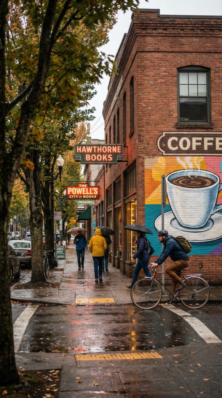 Hawthorne District Portland street with vintage shops and cyclists