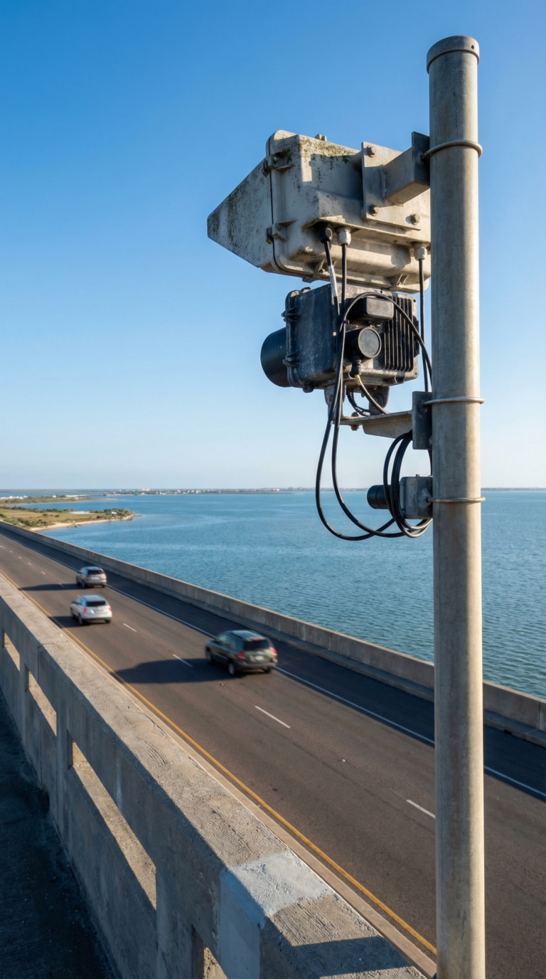 Traffic monitoring camera on Queen Isabella Causeway with bridge roadway and Laguna Madre Bay in background