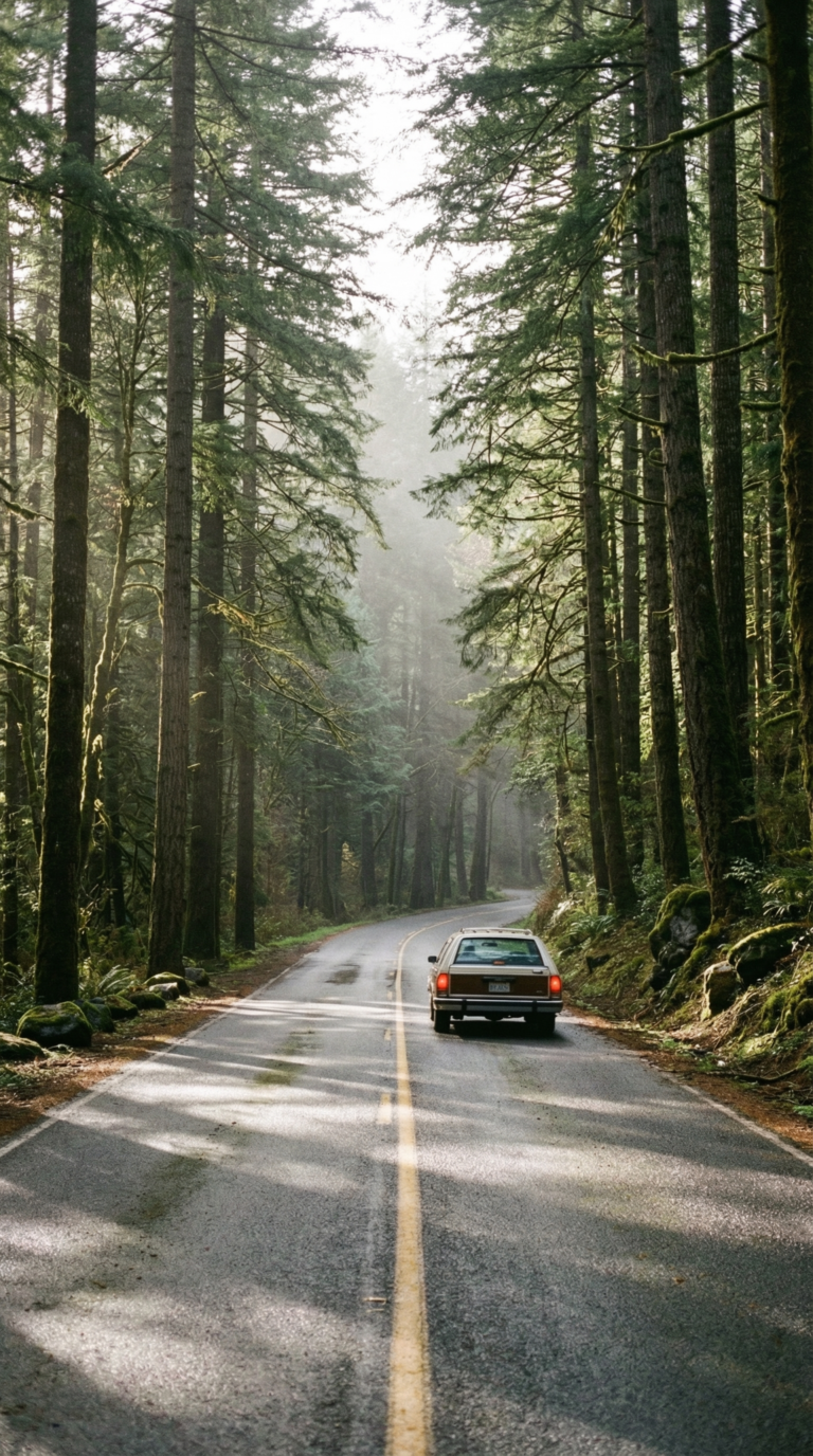 Scenic Oregon highway through evergreen forest with car driving