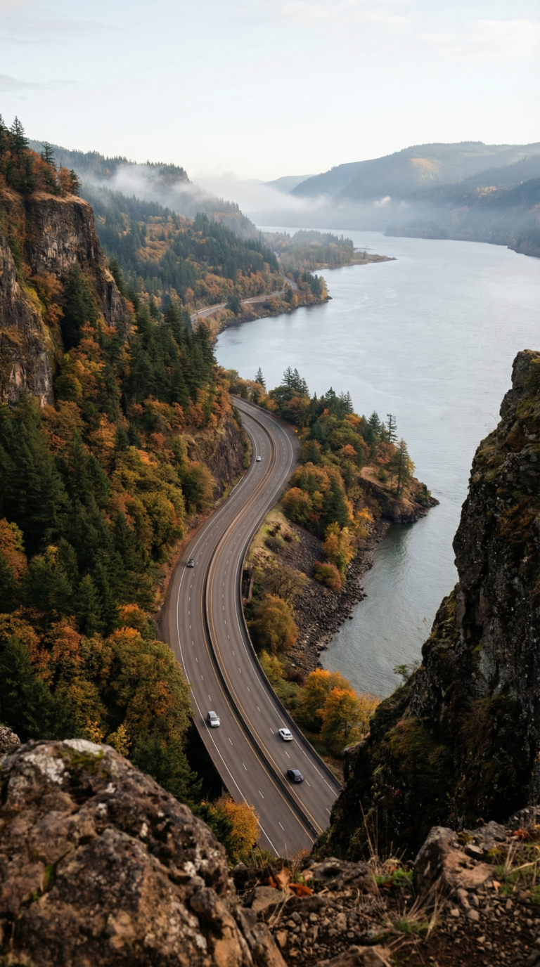 Interstate 84 highway through Columbia River Gorge canyon