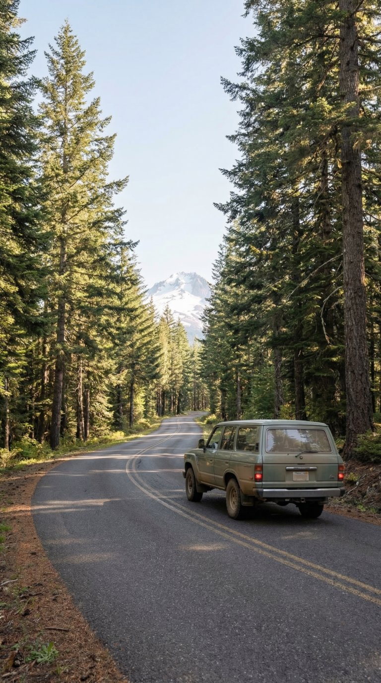 Forest road leading to Mount Hood with evergreen trees and mountain views in Oregon