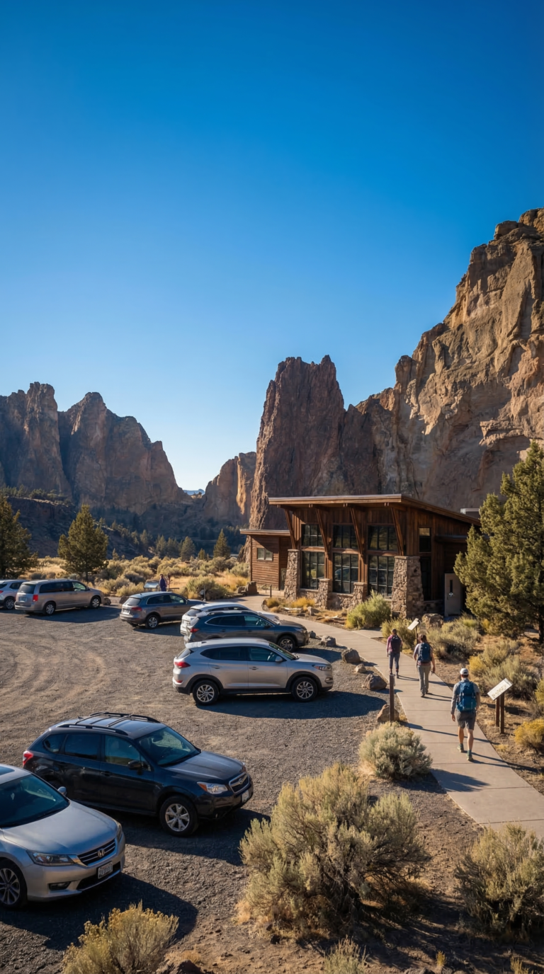 Smith Rock State Park Welcome Center and parking area with rock formations in background