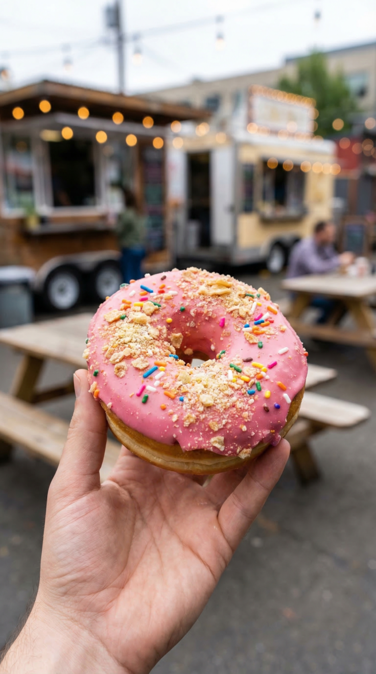 Voodoo Doughnut with Portland food carts in background