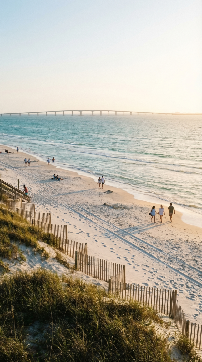 Isla Blanca Park beach on South Padre Island with Queen Isabella Causeway visible in distance