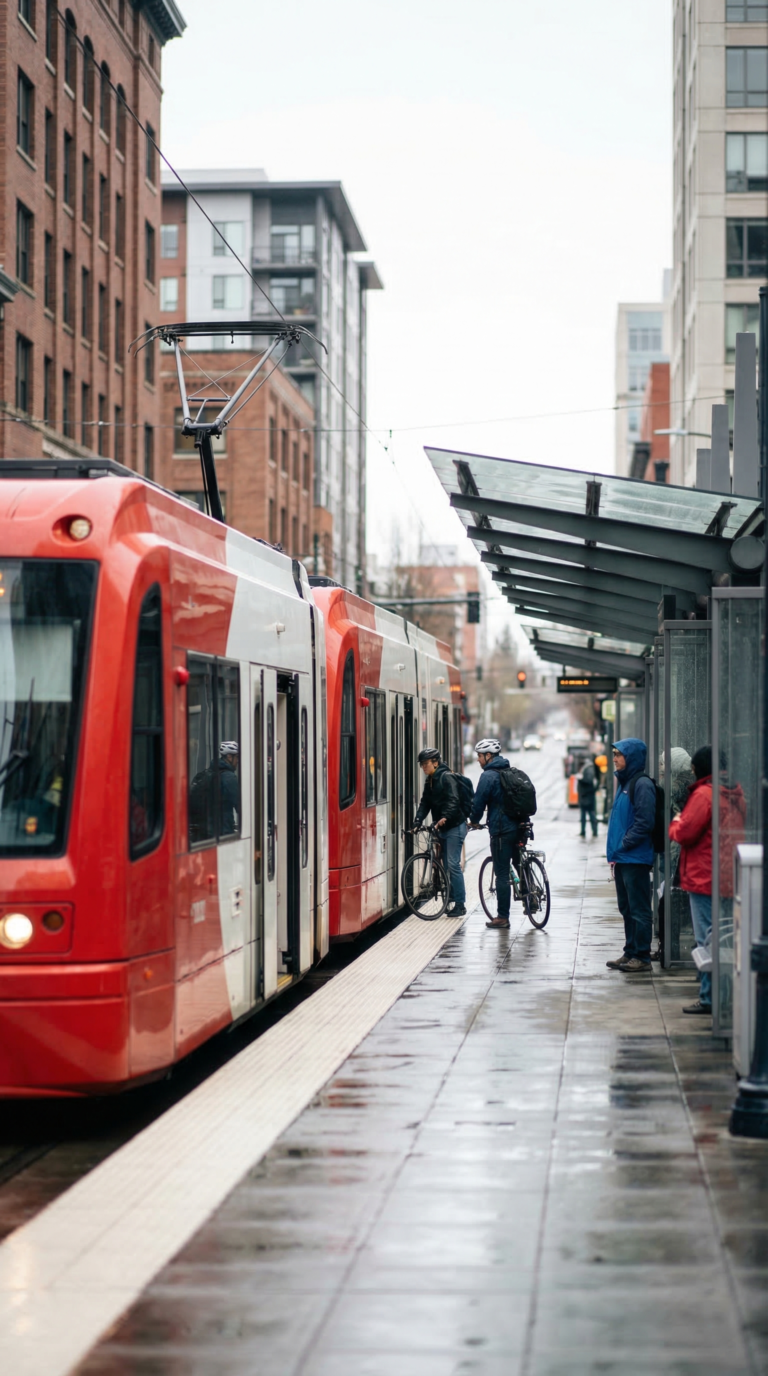 Portland MAX light rail train at downtown station with cyclists