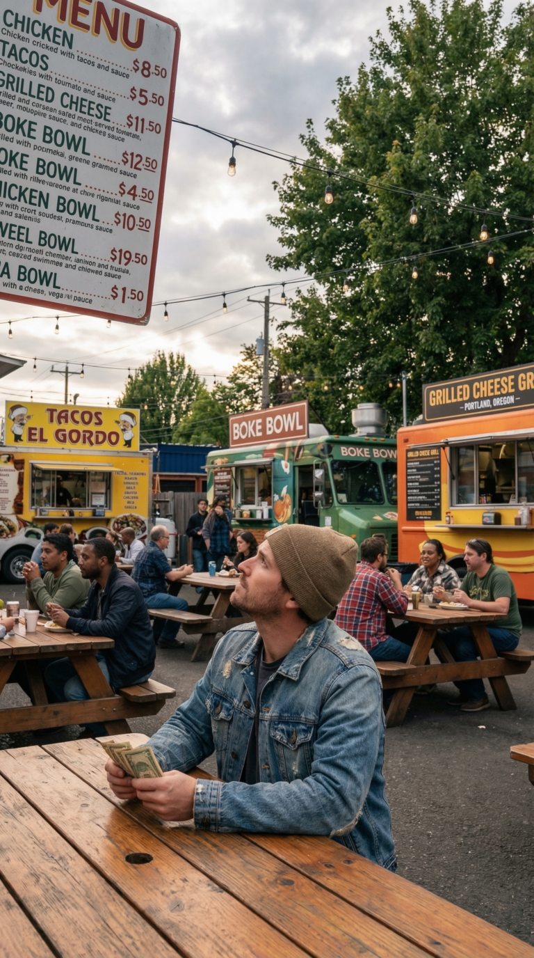 Traveler at Portland Oregon food cart pod with cash and menu