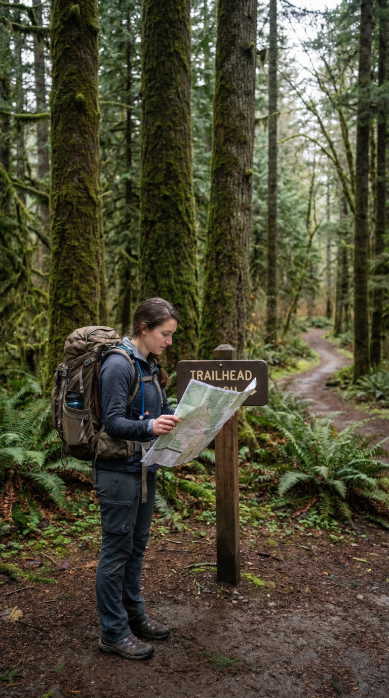 Hiker with map and gear at Columbia River Gorge trailhead