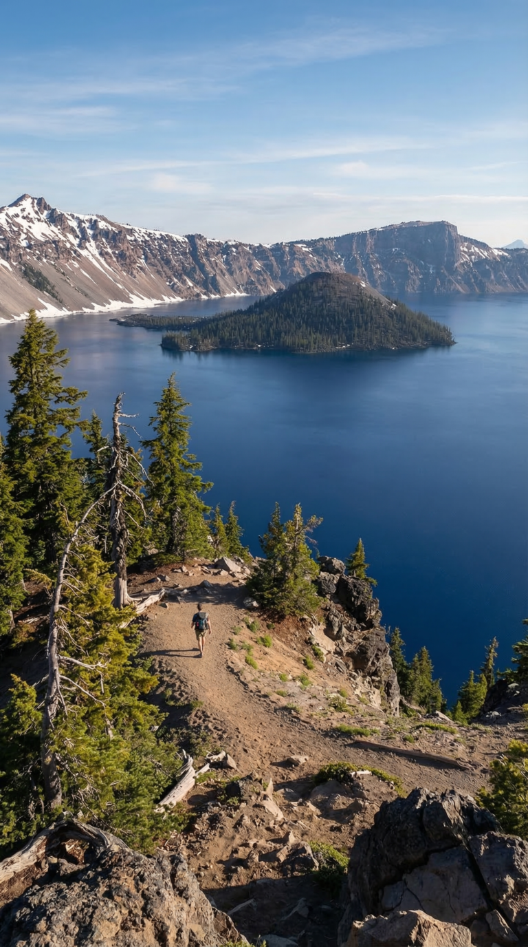 Crater Lake National Park's vivid blue caldera with Wizard Island in Oregon
