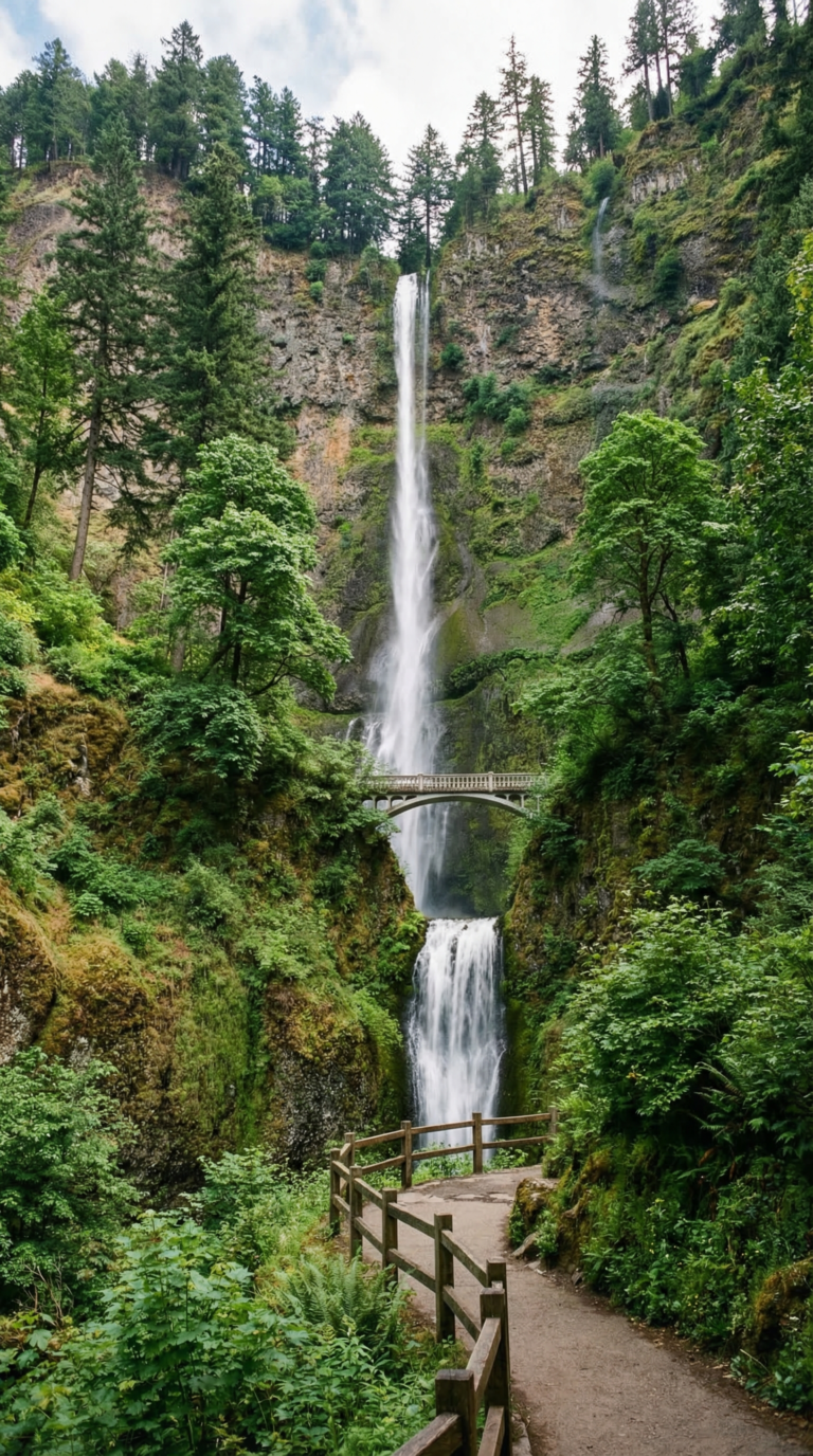 Columbia River Gorge with Multnomah Falls and hiking trails