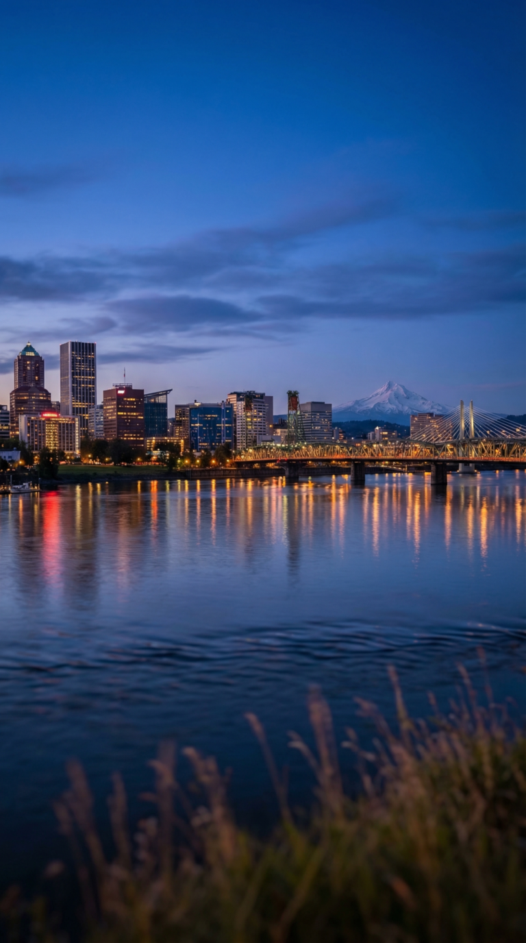 Portland Oregon downtown skyline at dusk with Willamette River and Mount Hood
