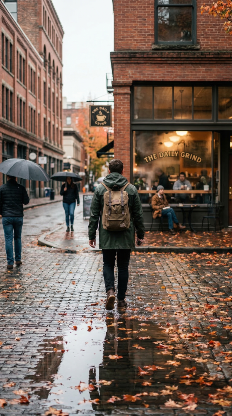 Traveler with rain jacket exploring Portland on overcast autumn day