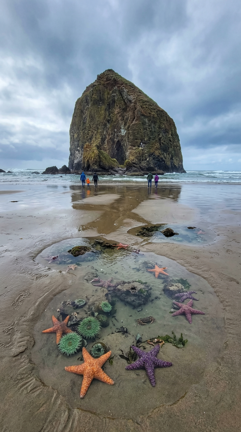 Haystack Rock at Cannon Beach Oregon with tide pools and beachcombers