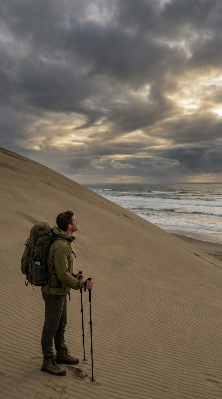 Traveler preparing to climb Cape Kiwanda sand dune