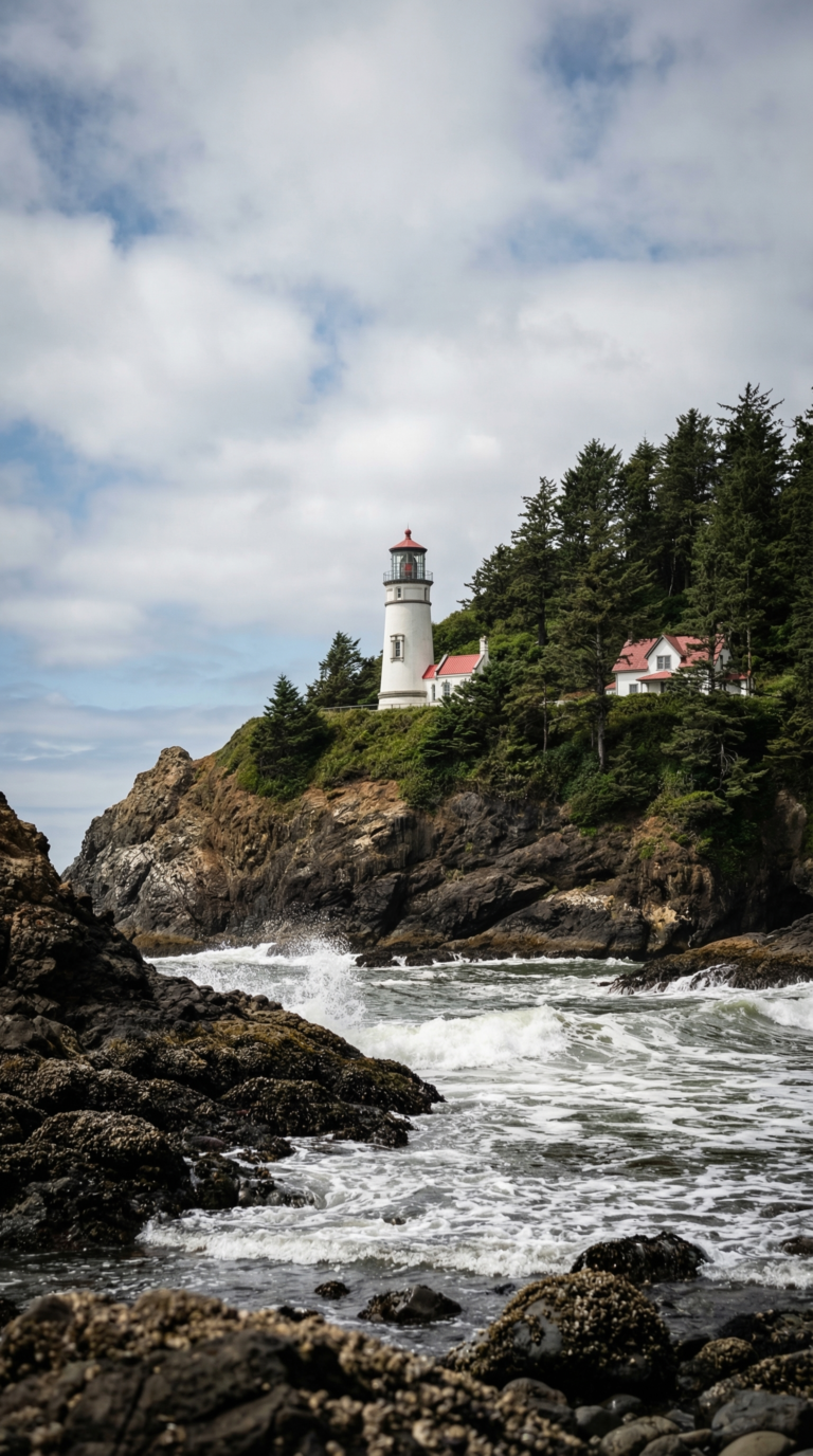 Heceta Head Lighthouse on cliff above Pacific Ocean Oregon coast