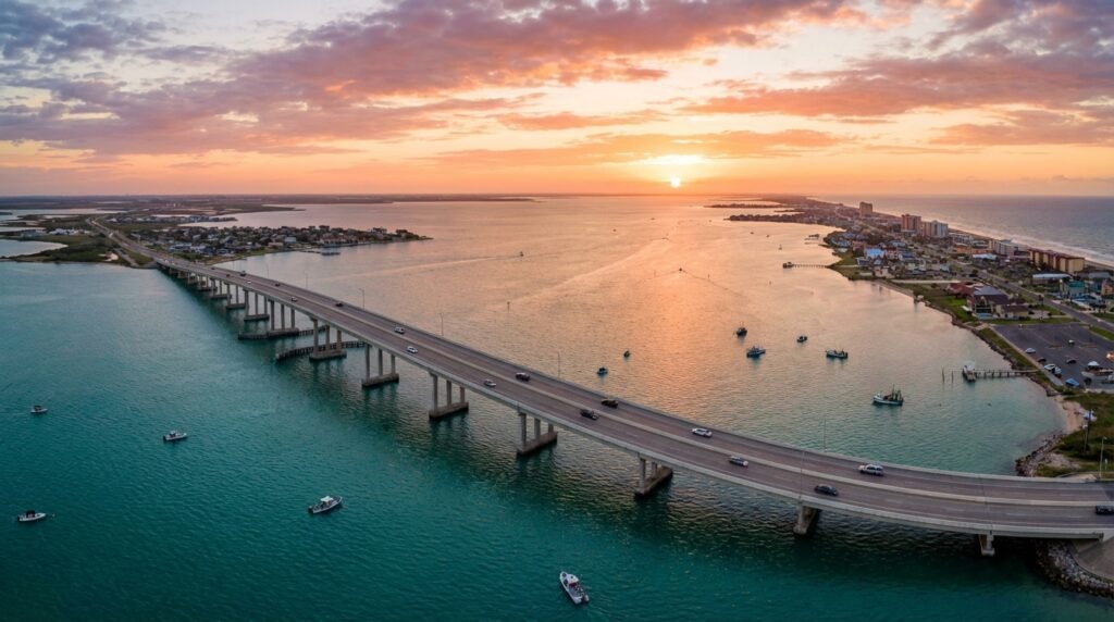 Aerial view of Queen Isabella Causeway bridge spanning Laguna Madre Bay connecting Port Isabel to South Padre Island