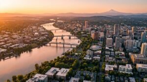 Aerial view of downtown Portland with Mount Hood in the distance at sunset