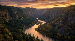 Columbia River Gorge canyon with river and forested cliffs at golden hour