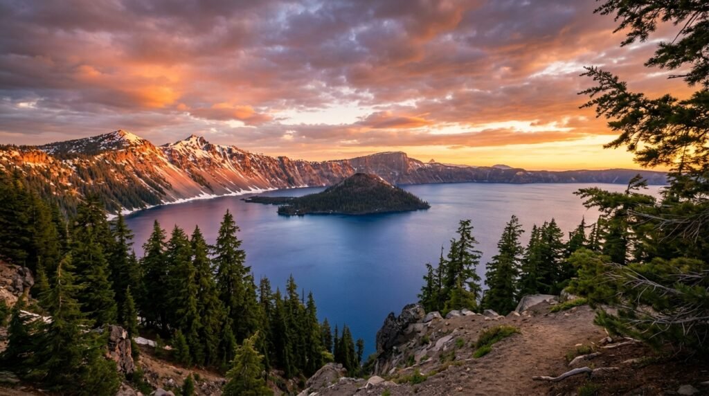 Crater Lake National Park Oregon at sunset with Wizard Island and snow-capped rim