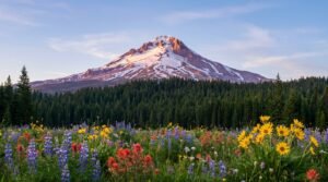 Mount Hood National Forest with snow-capped peak rising above alpine meadows and evergreen trees
