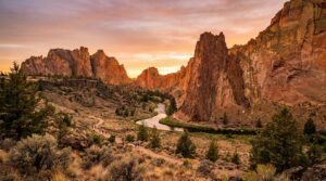 Smith Rock State Park's towering rock formations above Crooked River at sunset in central Oregon