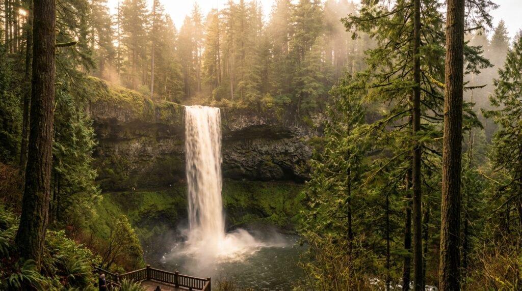 South Falls waterfall at Silver Falls State Park surrounded by lush Oregon forest in golden hour light