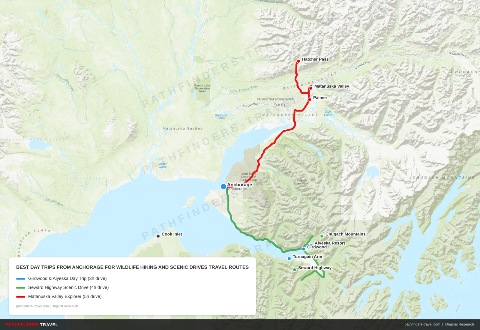 Map showing travel routes for Best day trips from Anchorage with road trip itineraries