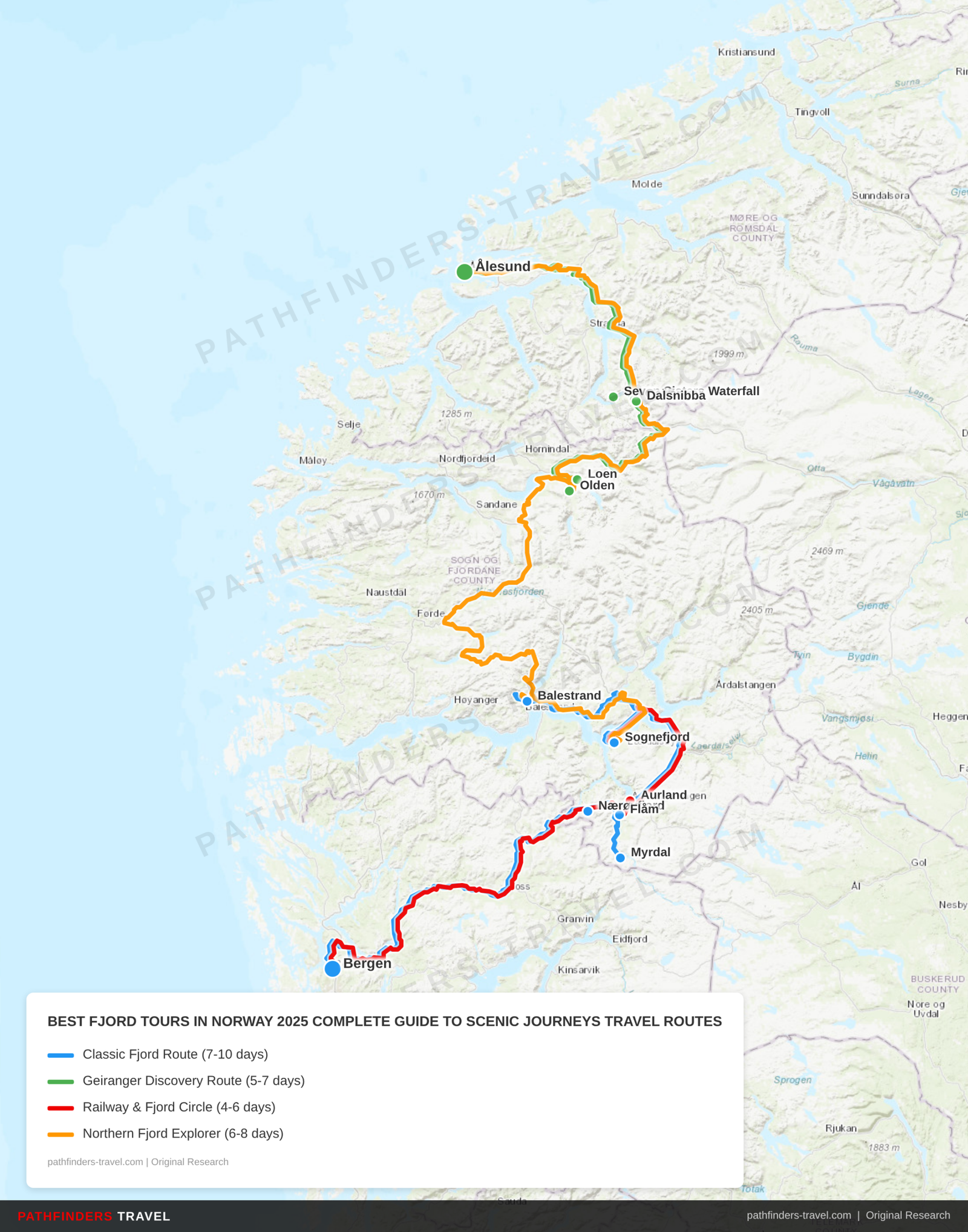 Map showing travel routes for Norway fjord tours with road trip itineraries