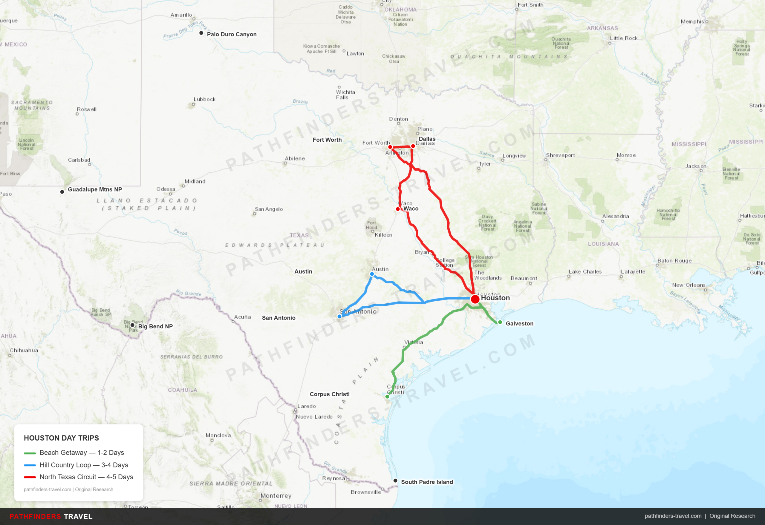 Map showing 3 day trip routes from Houston: Beach Getaway, Hill Country Loop, and North Texas Circuit