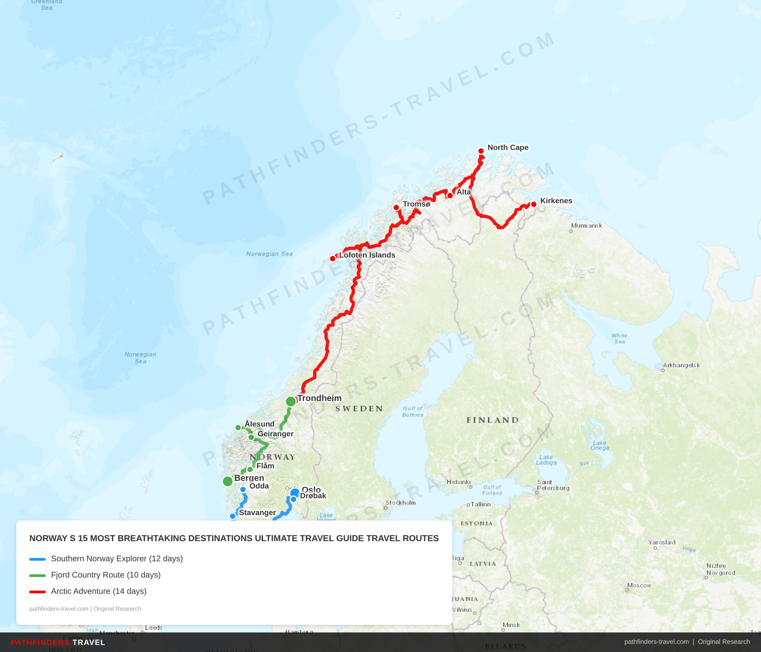 Map showing travel routes for Norway destinations with road trip itineraries