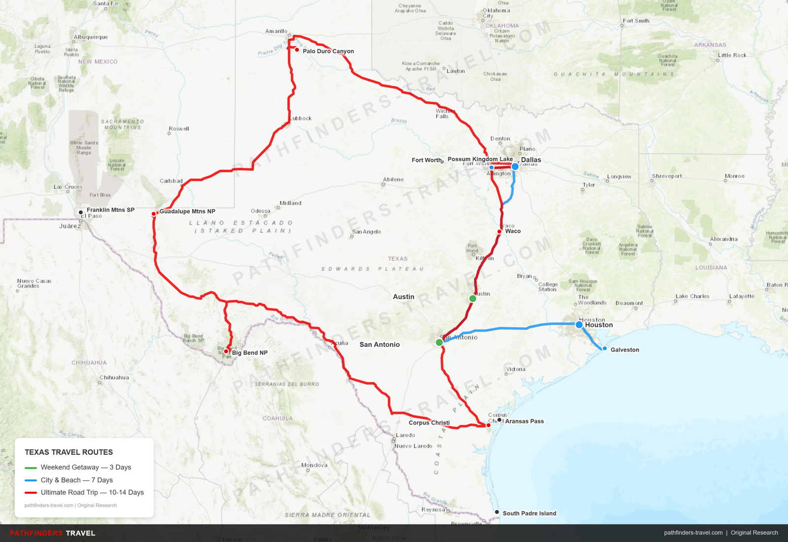 Map of Texas showing 3 road trip routes: Weekend Getaway, City and Beach, and Ultimate Road Trip