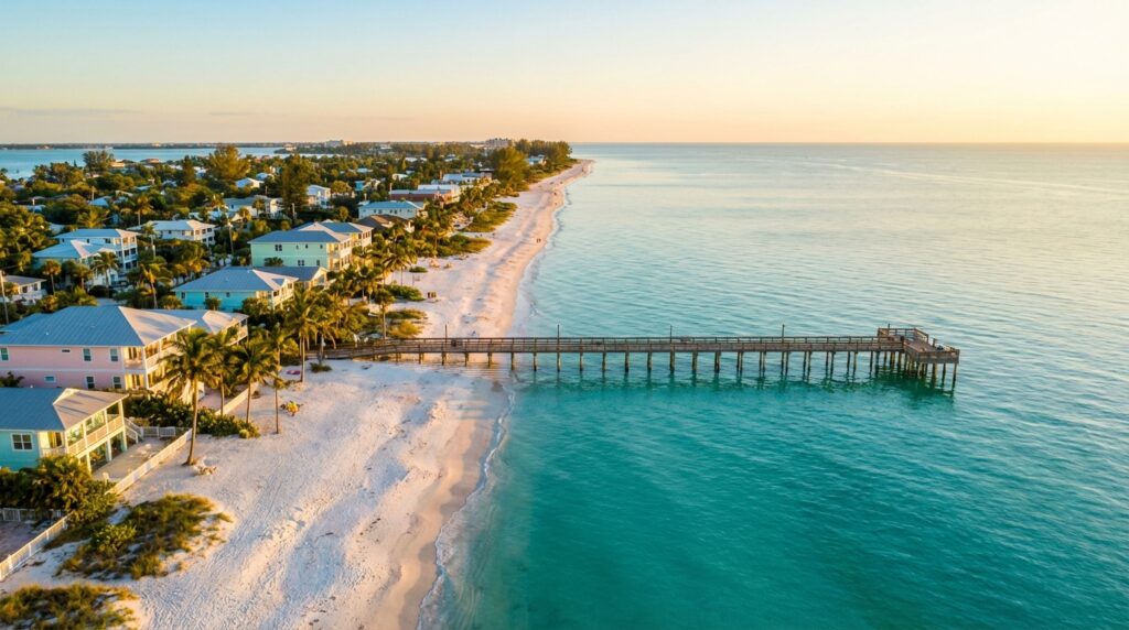 Aerial view of Anna Maria Island's white sand beach and turquoise Gulf of Mexico waters at sunset
