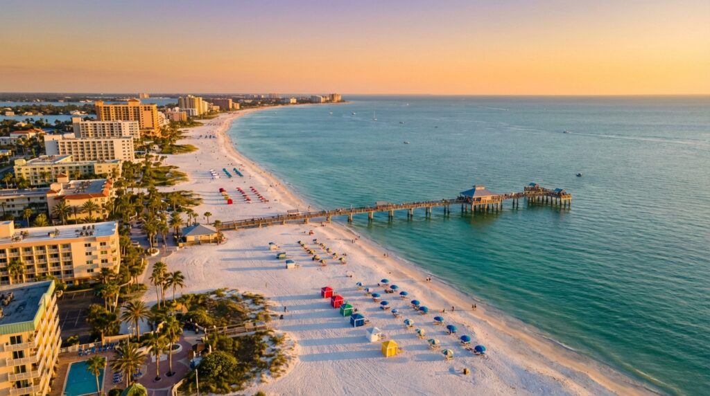 Aerial view of Clearwater Beach white sand and turquoise Gulf waters at golden hour