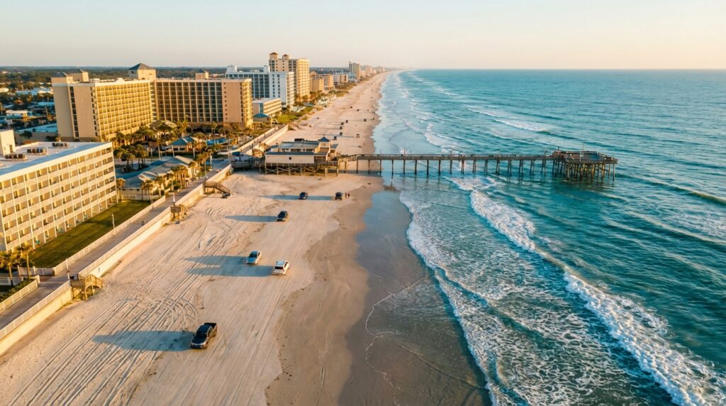 Aerial view of Daytona Beach showing cars driving on the famous beach with pier and oceanfront hotels