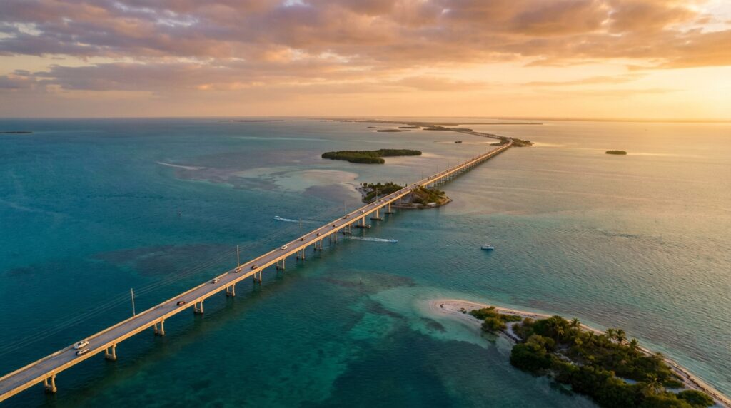 Aerial view of Florida Keys islands and Seven Mile Bridge over turquoise waters