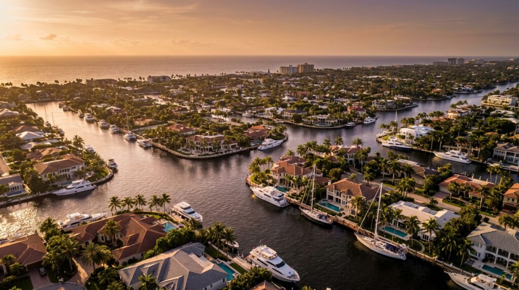 Aerial view of Fort Lauderdale's Intracoastal Waterway with yachts and waterfront homes at sunset