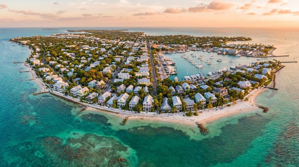 Aerial view of Key West island surrounded by turquoise Caribbean waters at sunset