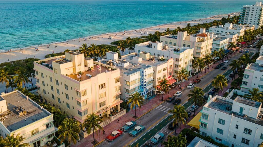 Aerial view of Miami Beach Art Deco district and South Beach coastline at sunset