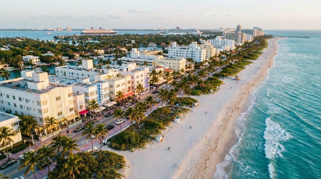 Aerial view of Miami Beach Art Deco district and turquoise coastline at sunset