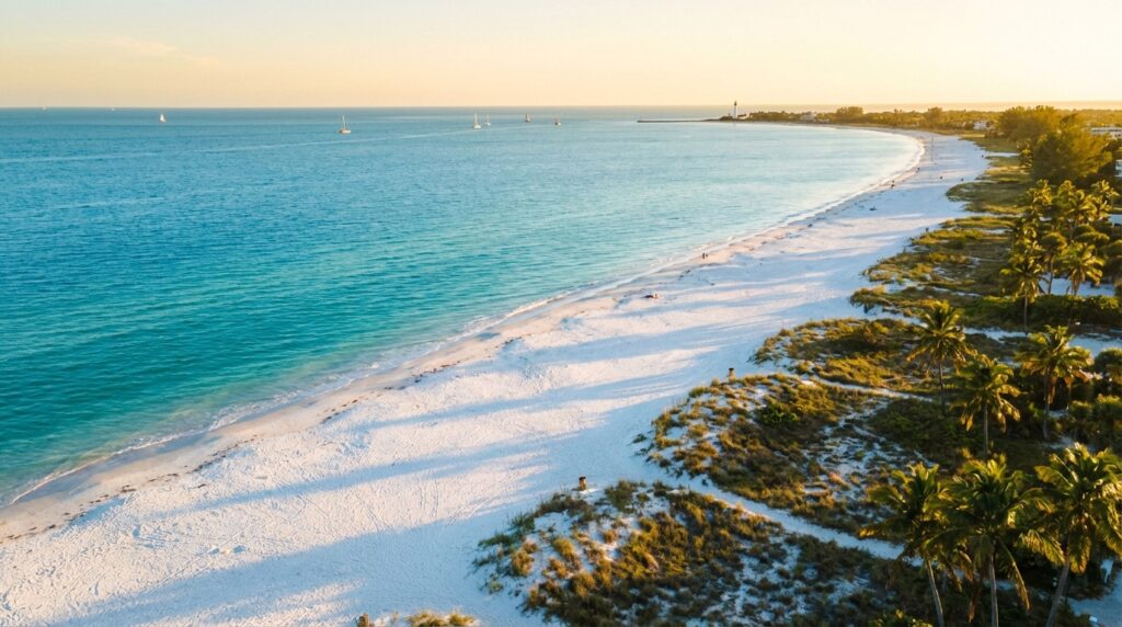 Aerial view of Sarasota's pristine white sand beach and turquoise Gulf waters at sunset