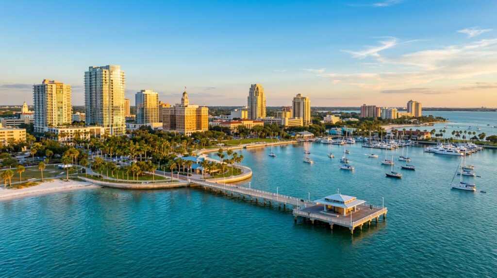 Aerial view of St. Petersburg Florida waterfront and downtown skyline at sunset