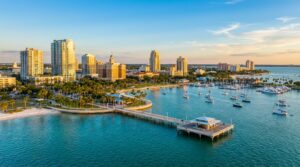 Aerial view of St. Petersburg Florida waterfront and downtown skyline at sunset
