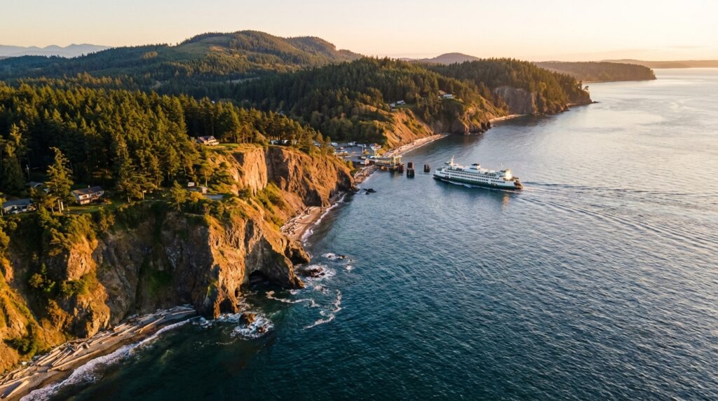 Aerial view of Whidbey Island coastline and ferry in Puget Sound, Washington