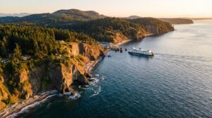 Aerial view of Whidbey Island coastline and ferry in Puget Sound, Washington