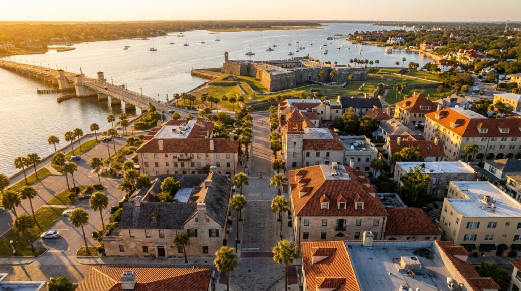Aerial view of historic St. Augustine waterfront with Castillo de San Marcos fortress at sunset
