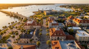 Aerial view of historic St. Augustine waterfront with Castillo de San Marcos fortress at sunset
