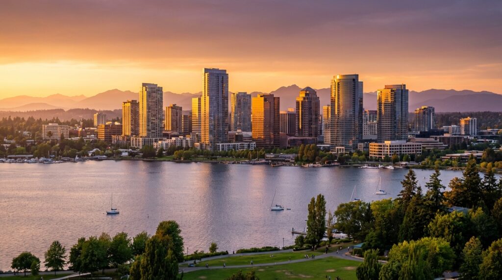 Bellevue Washington skyline at sunset with Lake Washington and Cascade Mountains