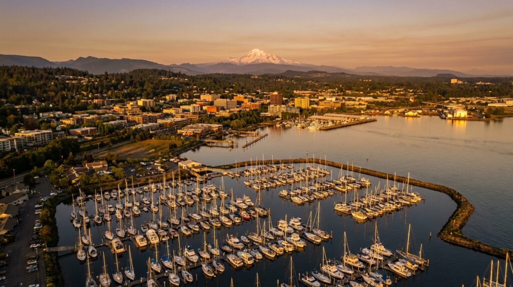 Bellingham Bay waterfront with Mount Baker and downtown skyline at golden hour