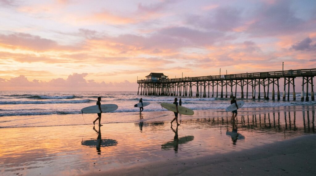 Cocoa Beach Pier at sunset with surfers on the sandy Atlantic shoreline