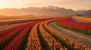 Colorful tulip fields at Skagit Valley Tulip Festival with Cascade mountains backdrop