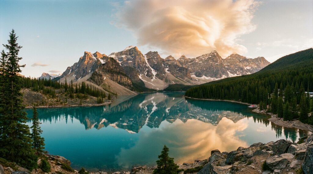 Diablo Lake turquoise waters surrounded by North Cascades mountains at golden hour
